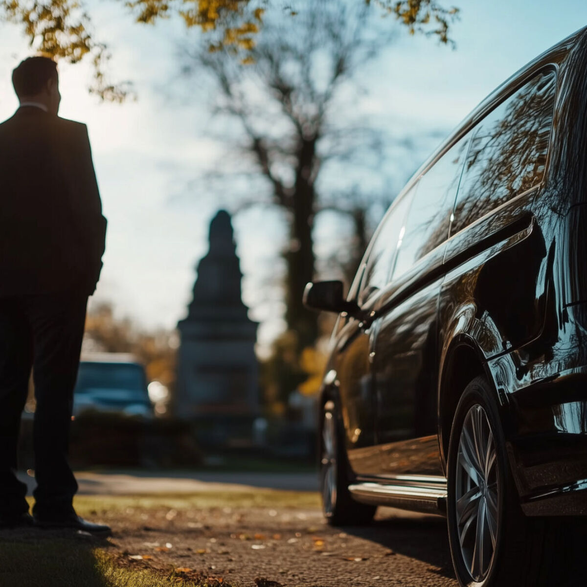Mourners standing beside a black hearse at a cemetery during a funeral service