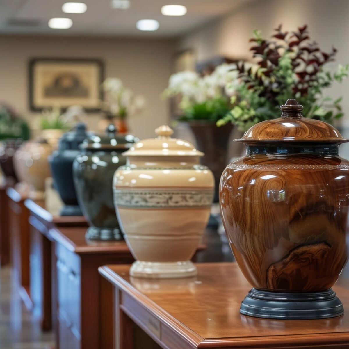 A display of multiple ceramic urns arranged on wooden shelves in a funeral home. The image highlights the variety of urn designs and their polished surfaces, used for cremation purposes.