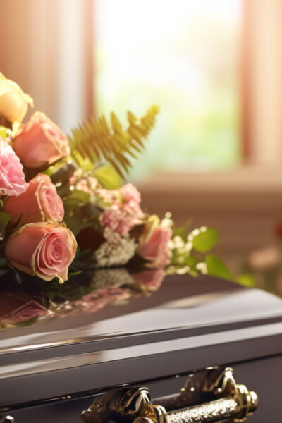 Metal Casket with flowers on it, at funeral, cemetery, service Coffin