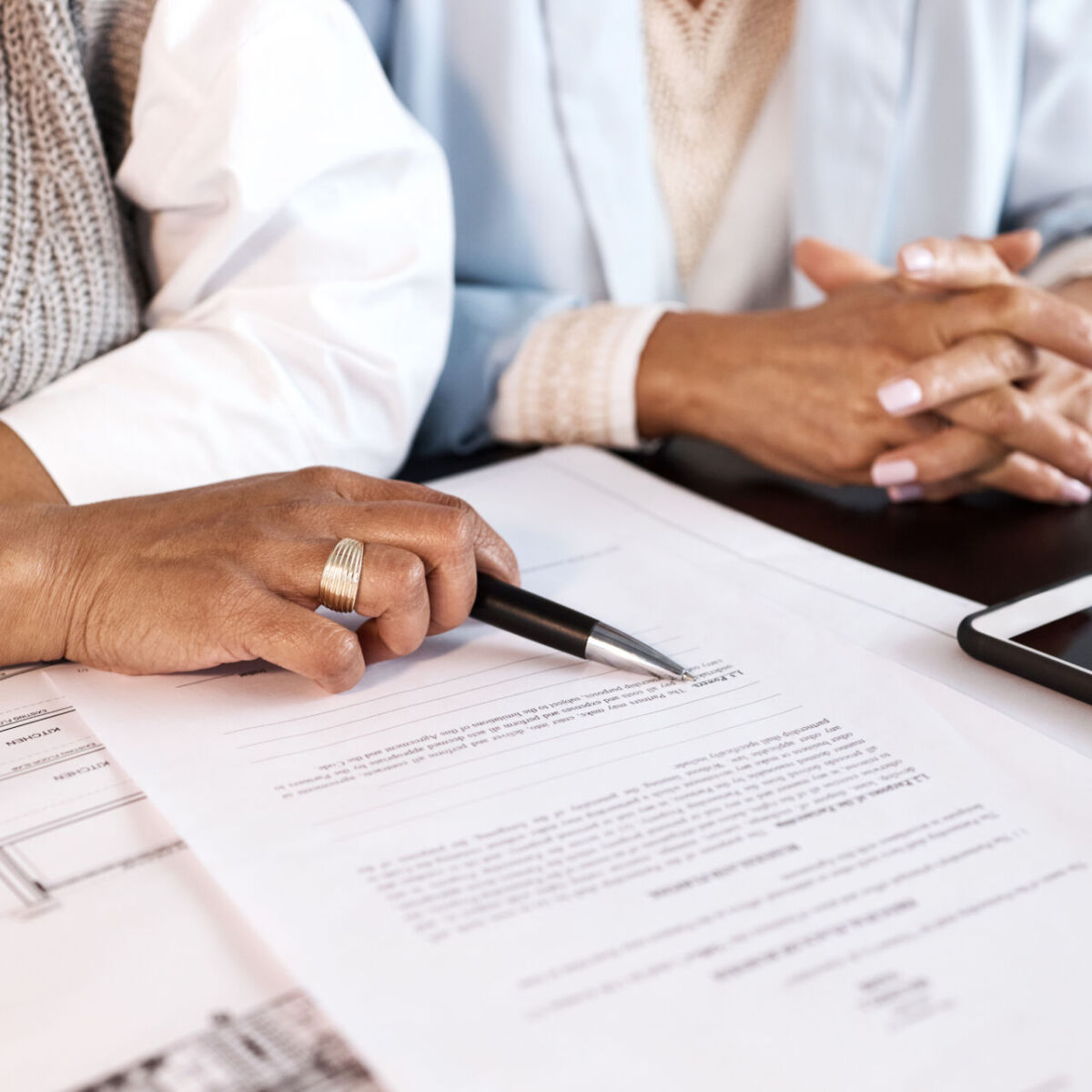 Contract, documents and architect people hands for legal advice, law firm strategy or negotiation deal. Policy, paperwork and business woman, lawyer or clients b2b planning, collaboration or helping.