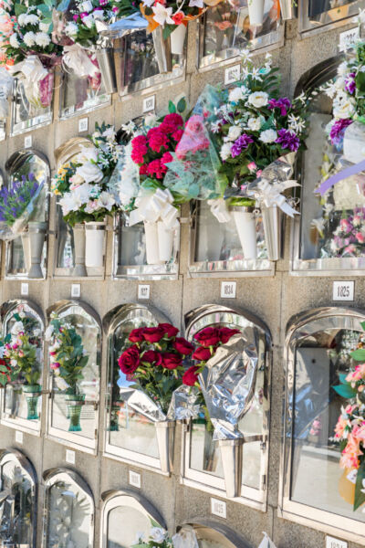 Bouquets of flowers at a cemetery